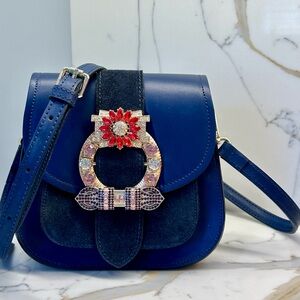 Italian blue leather, embellished detail saddle bag